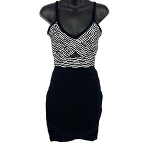Bebe Black White Stripe Bandage Mini Dress Size Small S Bodycon V-Neck Sexy New